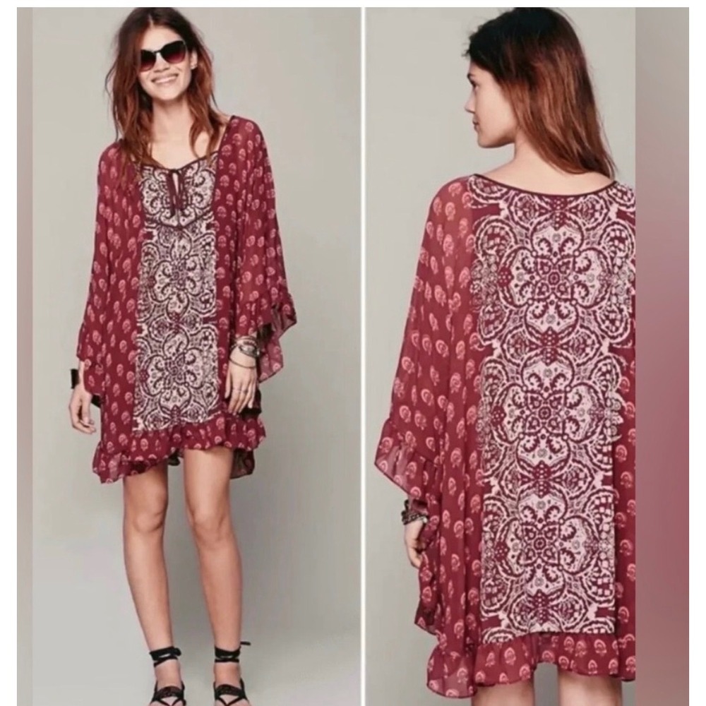 Free People Tunic dress XS Burgundy Excellent Boho Paisley Ruffle Flutter Sleeve